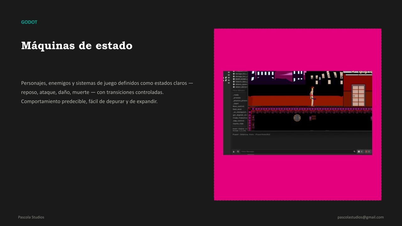 Editor de Godot mostrando la máquina de estados del jugador en ejecución